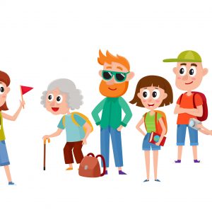 Tour guide with group of tourists, cartoon vector illustration isolated on white background. Group of tourists, travelling family listening to female guide telling something interesting, sightseeing